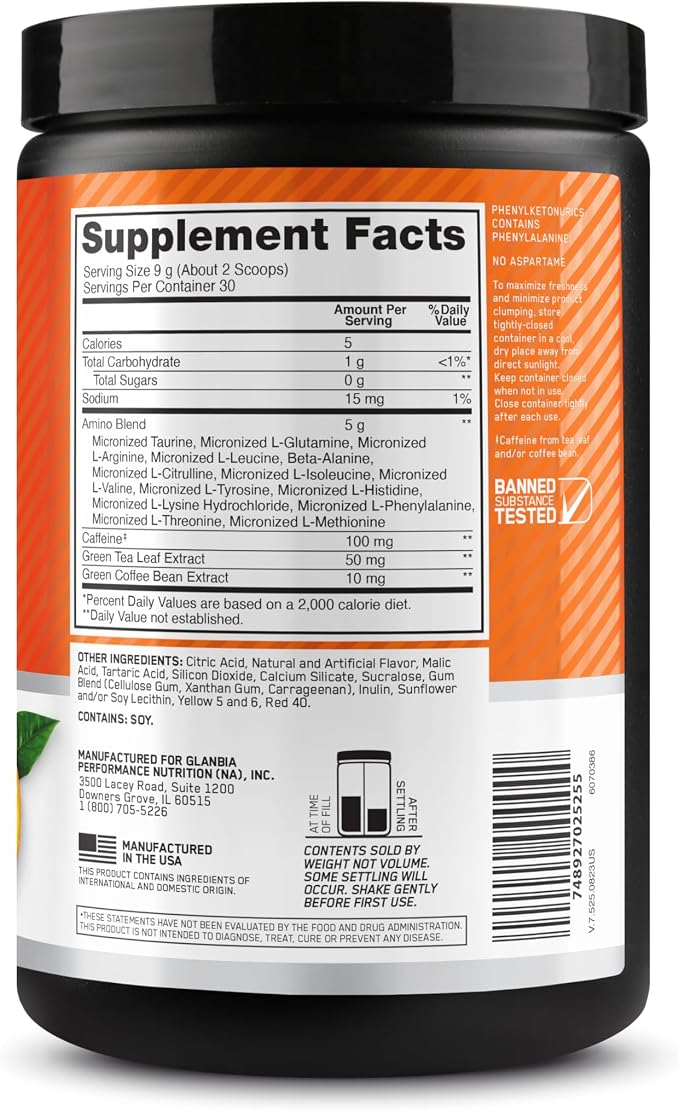 Optimum Nutrition Amino Energy - Pre Workout with Green Tea, BCAA, Amino Acids, Keto Friendly, Green Coffee Extract, Energy Powder - Orange, 9.5 Ounce, 30 Servings (Packaging May Vary)