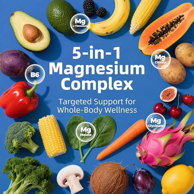 5 in 1 Magnesium Complex, 976mg Complex with Magnesium Glycinate, Citrate, Malate & L-Threonate, Vitamin B6 for High Absorption, Third Party Tested, Gluten-Free, Easy-Swallow Vegan Capsule