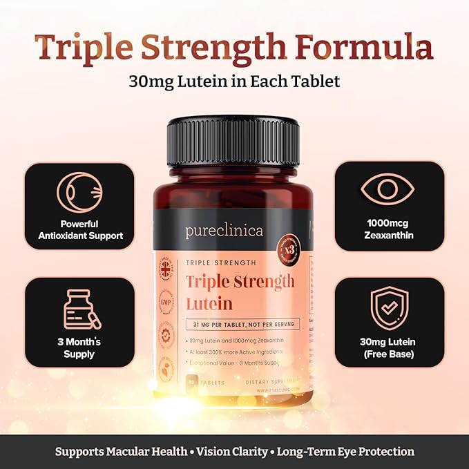 pureclinica Lutein 30mg with Zeaxanthin 1000mcg – Triple Strength Supplement, 90 Tablets (3-Month Supply)