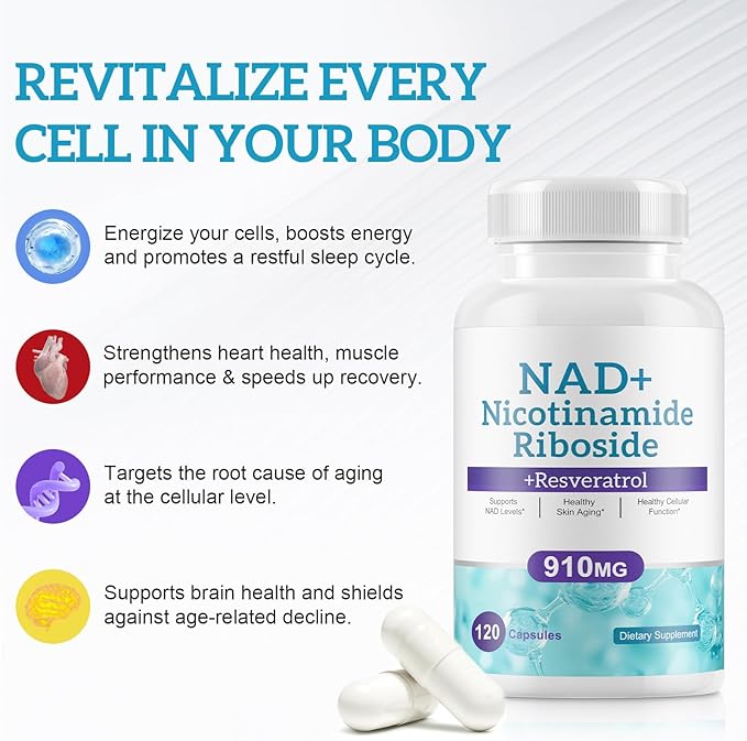 Liposomal NAD Resveratrol Supplement - Nicotinamide Riboside & Quercetin - High Purity NAD Supplements for Anti-Aging, Focus, Energy 120 Capsules