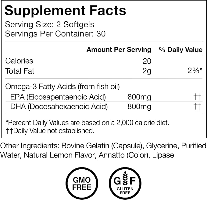 Momentous Omega-3 Fish Oil - High-Potency EPA & DHA Supplement for Men & Women - Supports Heart, Joint, & Brain Health - NSF Certified for Sport - Non-GMO - Gluten-Free - 1,600 mg - 30 Servings