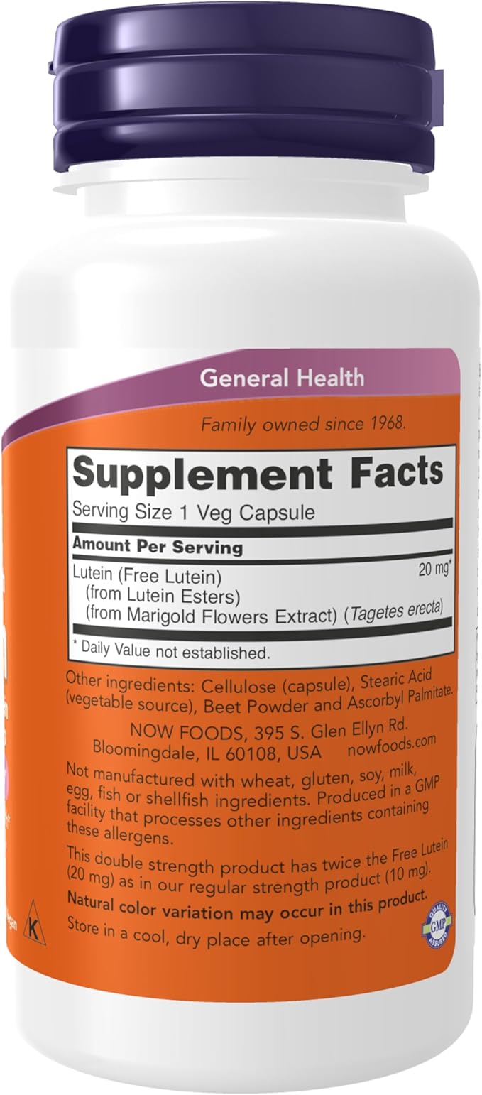 NOW Foods Supplements, Lutein 20 mg with 20 mg of Free Lutein from Lutein Esters, 90 Veg Capsules