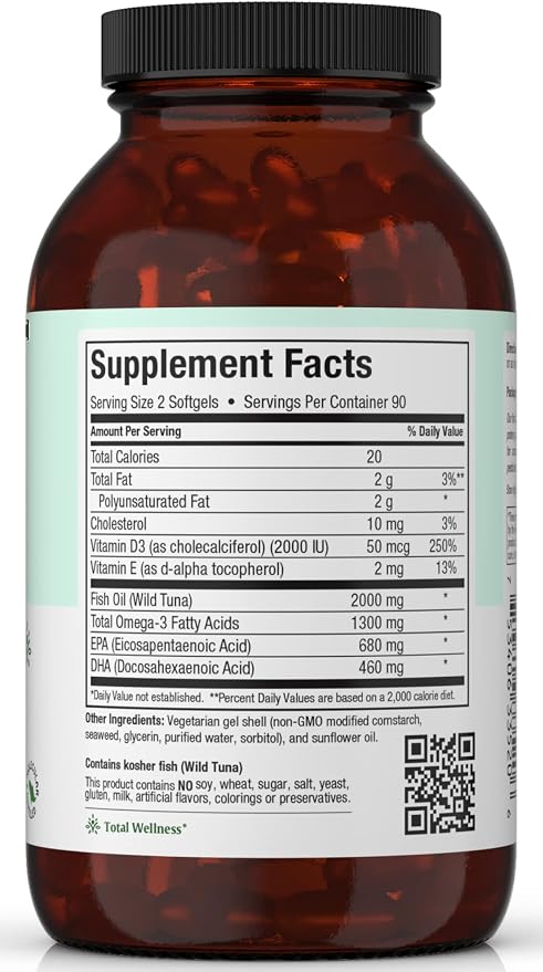 Maxi Health Triple Omega 3 Fish Oil Concentrate with 2000 IU Vitamin D3 – Enteric Coated Fish Oil Omega 3 Supplements with High EPA DHA for Heart, Brain, Joint, and Eye Support Kosher 180 Softgels