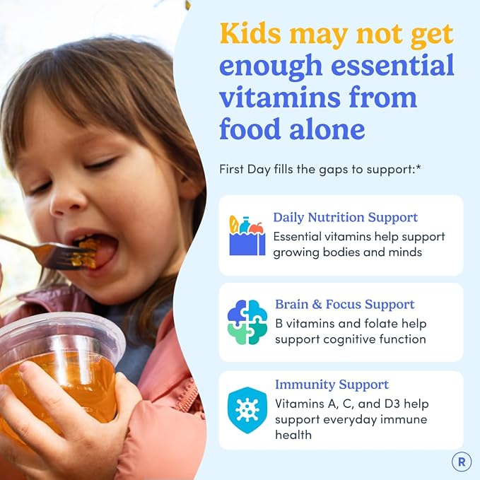 First Day Kids Multivitamin Gummies Age 4+, Strawberry & Orange - Kids Vitamins Multivitamin Gummy A C D3 K2 B1 B2 B6 B12 Folate, Immunity & Brain Function, Vegan - 30 Day Supply, Packaging May Vary