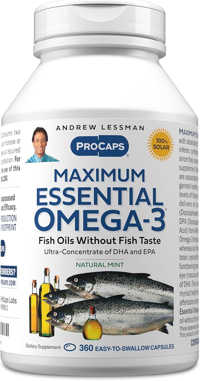 ANDREW LESSMAN Maximum Essential Omega-3 Mint - 360 Softgels - Ultra-Pure, High Potency Omega-3 Oils. High DHA, No Stomach Upset, No Contaminants, No Mercury. Small Easy to Swallow Softgels