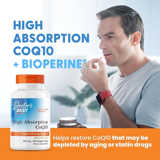 Doctor's Best High Absorption CoQ10 100mg with BioPerine Supplement - Coenzyme Q10 Caps for Heart Health & Antioxidant Support, CoQ10 100 mg for Women & Men, Non GMO - 360 Veg Capsules