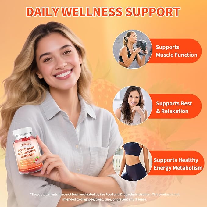Potassium Magnesium Gummies – High Absorption Magnesium Glycinate – Magnesium Potassium Supplement Gummies with Vitamin B6, D3, B12 for Muscle Support, Sugar-Free Strawberry Flavor, 120 Count