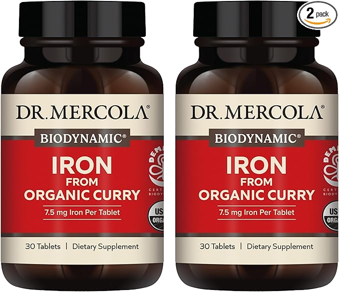 Dr. Mercola Iron from Organic Curry, 30 Servings (30 Tablets), 7.5 mg Iron Per Tablet, Dietary Supplement, Supports Immune Health, Regenerative, Certified USDA Organic, Non-GMO - 2 Pack