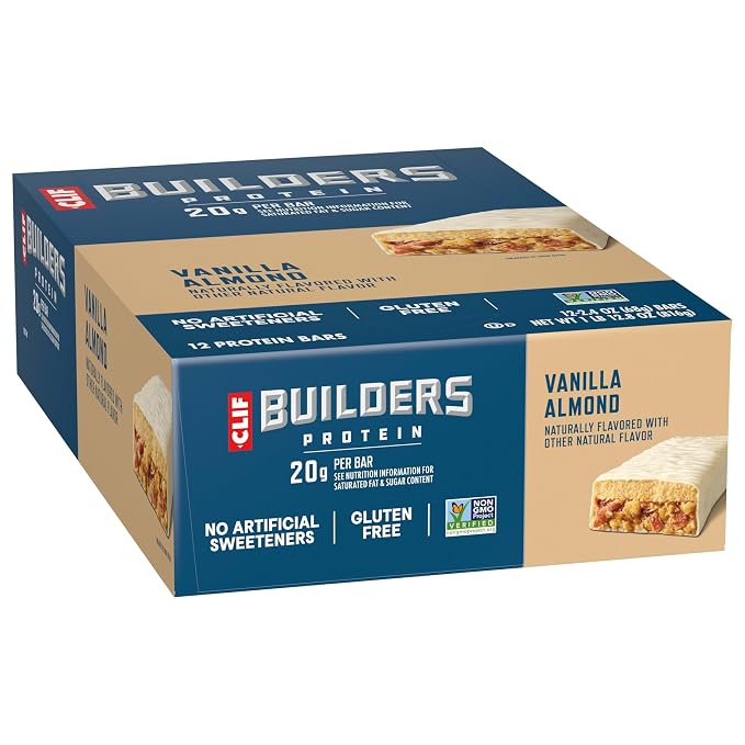 CLIF BUILDERS Protein Bars - Vanilla Almond Flavor - 20g Plant Based Protein - Gluten Free - Non-GMO - Low Glycemic - No Artificial Sweeteners - 2.4 oz. (Pack of 144)