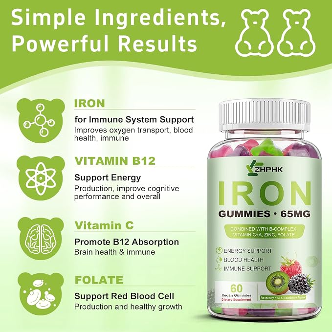 Iron Supplement for Women, Men & Kids, 65mg & Vitamin C 250mg per Serving with B6 B12 Folate- Energy Support for Iron Deficiency, Anemia, Vegan GummyRaspberry Kiwi & BlackBerry Flavor, 60 Gummies