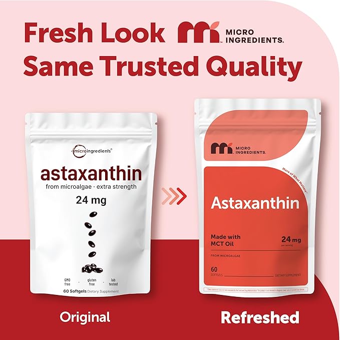 Micro Ingredients Astaxanthin 24mg with MCT Oil, 60 Softgels, 2 Month Supply | Max Strength Astaxanthin Antioxidant Supplements | Fresh Microalgae Source | Non-GMO, Gluten Free, No Soy
