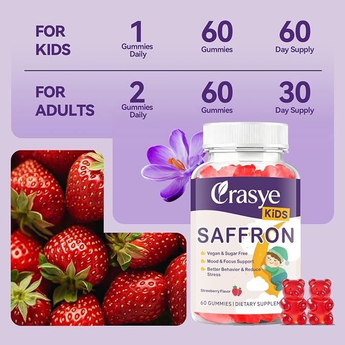 Saffron Gummies for Kids 100% Pure Organic Saffron Extract Sugar Free Saffron Supplements Gummy for Children Calm Mood & Focus - 60 Gummies