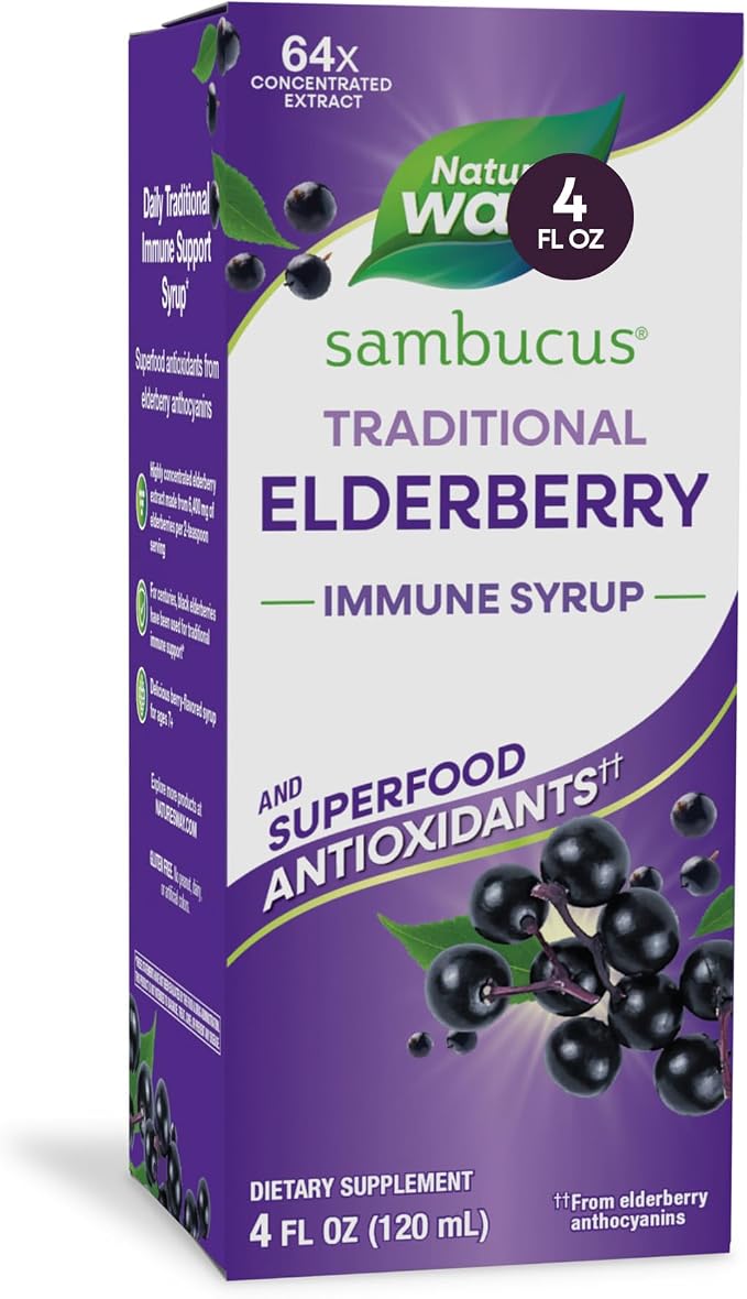 Nature’s Way Sambucus Traditional Elderberry Syrup for Traditional Immune Support* with Highly Concentrated Black Elderberry Extract & Superfood Antioxidants, Adults & Kids 7+, Berry Flavored, 4 Fl Oz