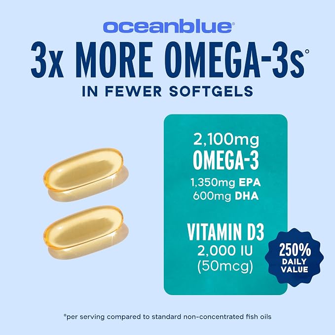 Oceanblue Professional Fish Oil with Vitamin D3 | Triple Strength 2100mg Omega-3 DPA EPA DHA | Wild Caught | Burpless Orange Flavor | 180 Softgel Capsules