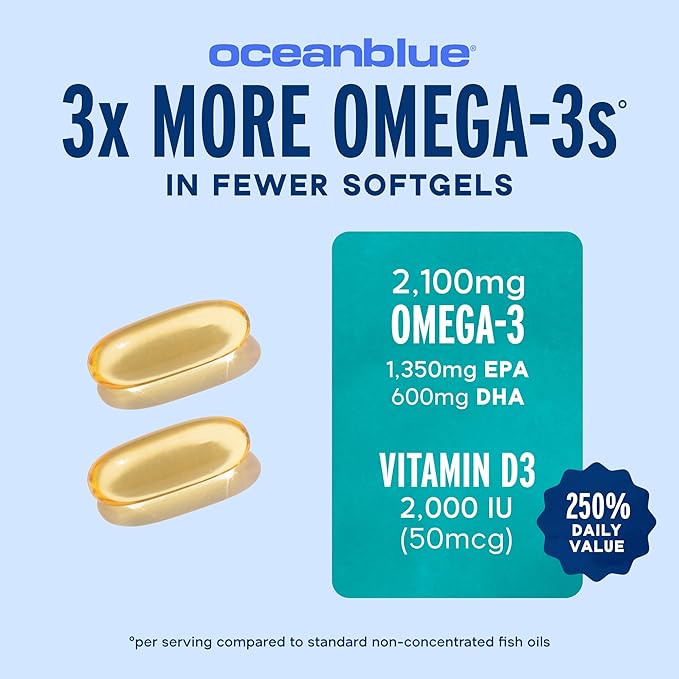 Oceanblue Professional Omega-3 2100 with Vitamin D3 – 120 ct – Triple Strength Burpless Fish Oil Supplement with High-Potency EPA, DHA, DPA and Vitamin D3 – Wild-Caught – Orange Flavor (60 Servings)