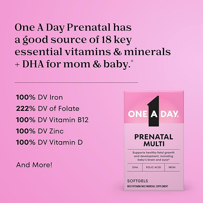 One A Day Prenatal Vitamins- Folic Acid, Iron, Omega- 3 (DHA), Pregnancy Vitamins for Women, Prenatal Multivitamin for Mom and Baby Support, Pregnancy Must Haves 30 Ct (Packaging May Vary)