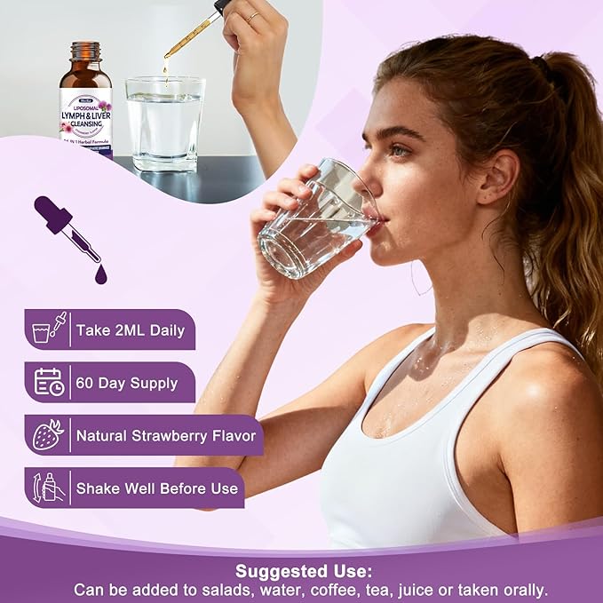 Liposomal Lymphatic Drainage Drops, 26 in 1 Liver Cleanse Detox & Repair with Milk Thistle, Echinacea, Glutathione, Vitamins, Lymph-Liver Cleanse, Gut & Metabolic Health - Strawberry Flavor, 4 Fl Oz