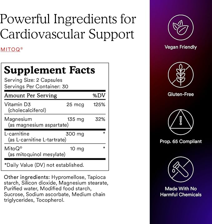 MitoQ +Heart Premium CoQ10 Antioxidant - Contains Mitoquinol Mesylate, Magnesium, L-Carnitine & Vitamin D3 - Supports Cardiovascular and Circulatory Health, & Cell Vitality (180 Capsules)