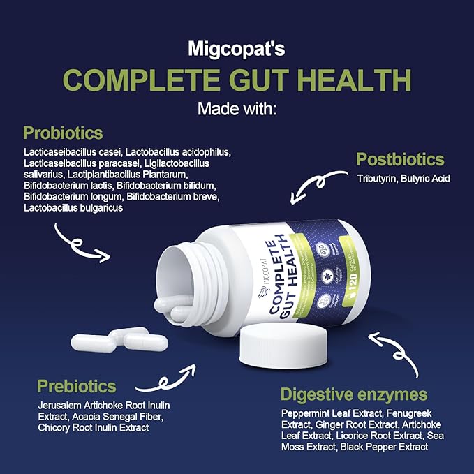 Migcopat Probiotic Prebiotic, Postbiotic & Digestive Enzymes for Digestive Health, 80 Billion CFU Probiotics Complete Gut Support with Berberine, Cinnamon, L-Glutamine, for Men & Women, 120 Capsules