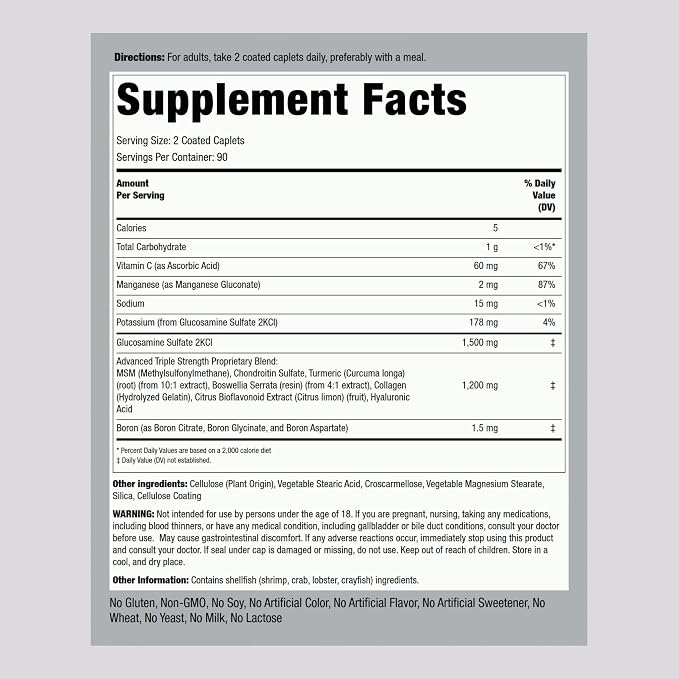 Piping Rock Glucosamine Chondroitin MSM Turmeric | 180 Caplets | Triple Strength | Advanced Supplement | Non-GMO, Gluten Free