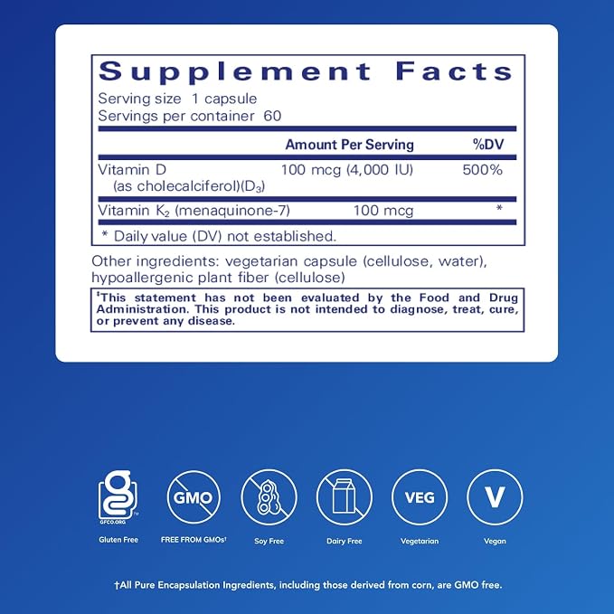 Pure Encapsulations Vitamin D3 & K2 - Bone & Vascular Health Support - Immune Function Support* - Gluten Free - Non-GMO - 60 Capsules