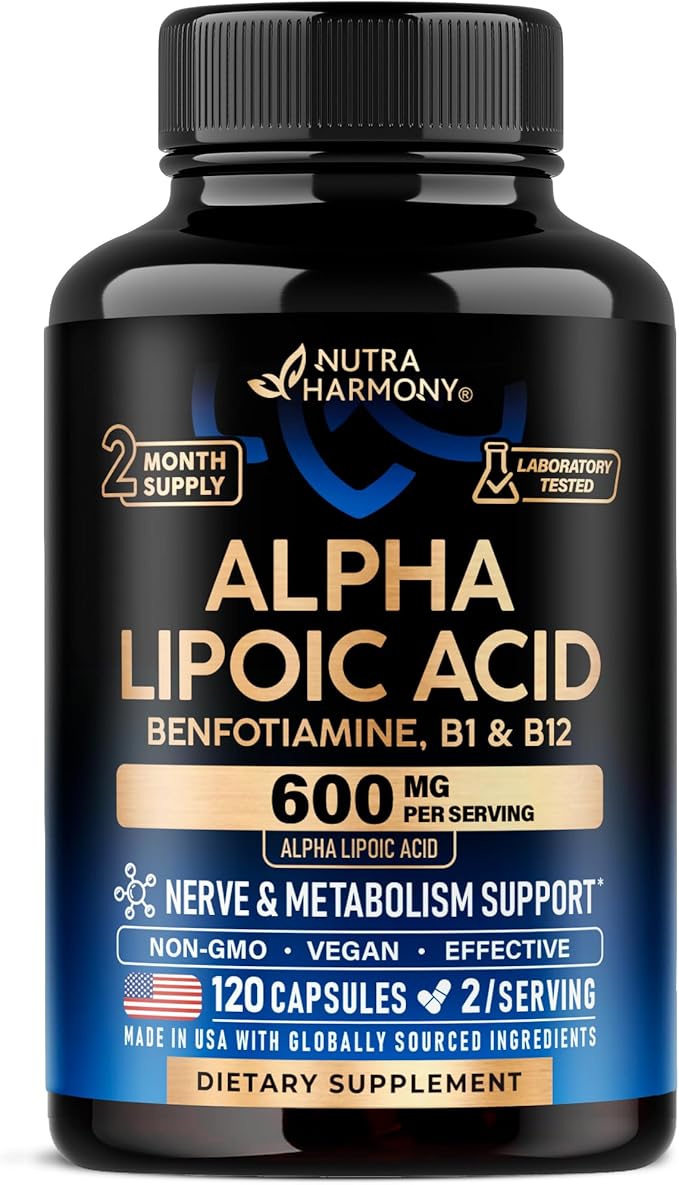 Alpha Lipoic Acid 600mg - ALA Supplement Antioxidant for Nerve, Energy & Metabolism Support - Extra Strength with Benfotiamine, B1 & B12 - Lab Tested, NON-GMO & Vegan - 120 Capsules, 2 Month Supply