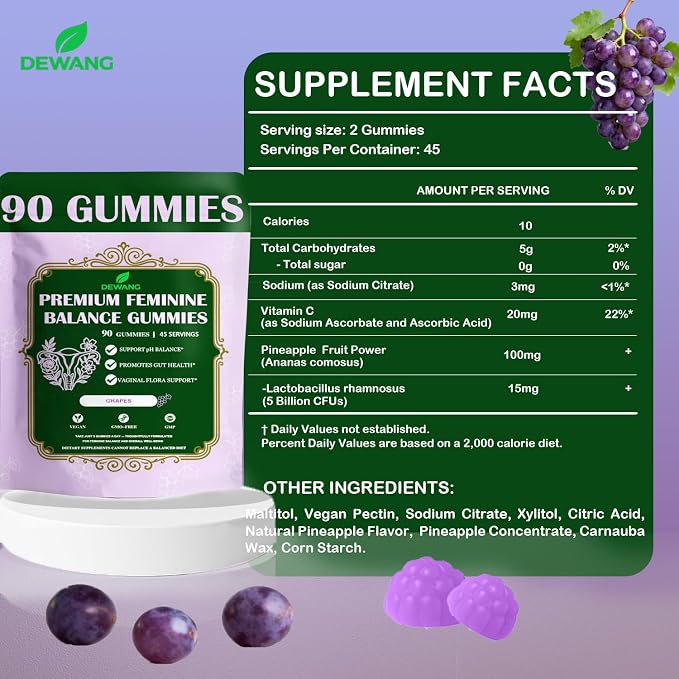 DEWANG Premium Feminine Balance Gummies for Women’s - Immune Support& PH Balance - Vegan, Gluten-Free - Grapes Flavor, 90 Count 45 Servings (Grape)