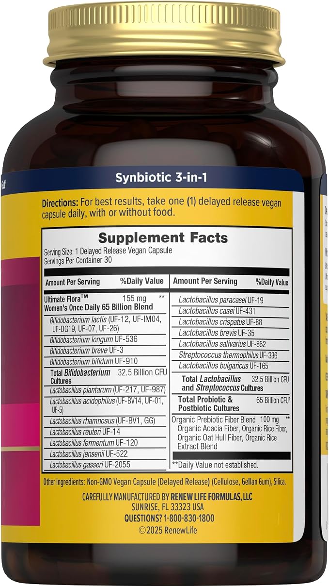 Renew Life Ultimate Flora Probiotics for Women 65 Billion CFU Delayed Release Vegan Capsules | Vaginal | Digestive Health | Immune Health | Dairy Free | 30 Count
