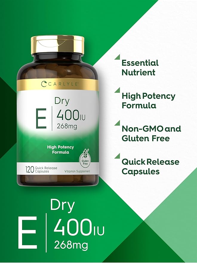 Carlyle Dry Vitamin E 400 IU | 120 Capsules | D-Alpha Tocopheryl | High Potency Formula | Non-GMO and Gluten Free