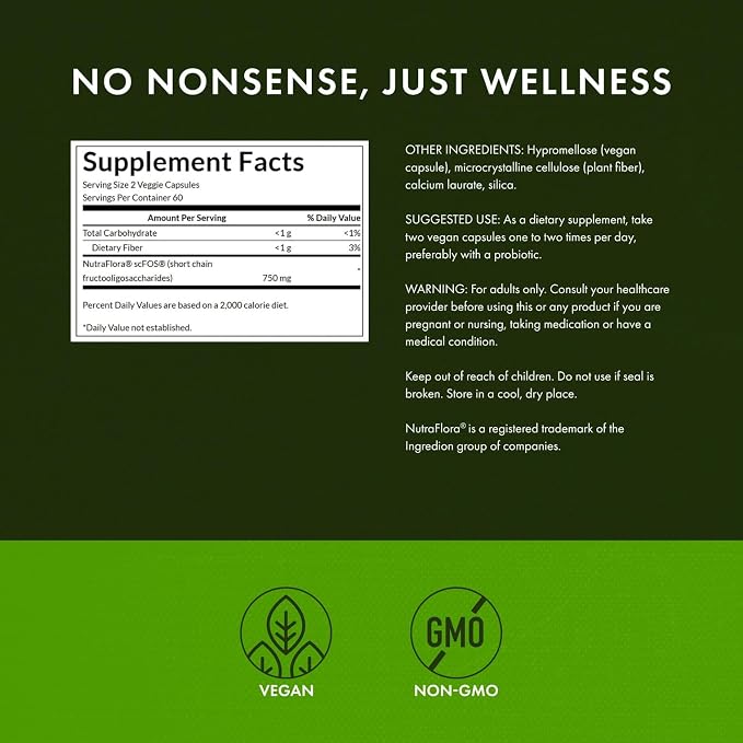 Swanson Prebiotic Fiber Capsules with NutraFlora FOS for Gut-Health-Conscious Adults Seeking Digestive Flora and Immune Support - 750 mg (120 Vegan Capsules, 4 Pack)