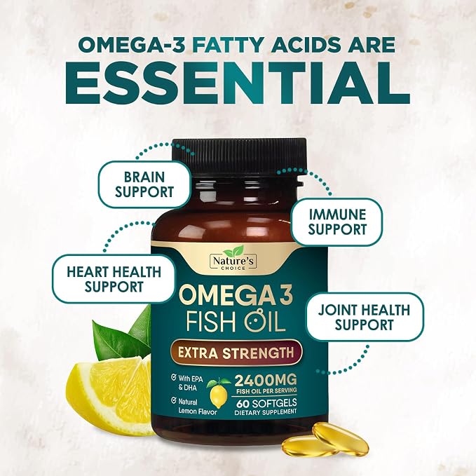 Omega 3 Fish Oil Supplements - 2400mg Fish Oil Per Serving - Triple Strength Omega-3 with Fatty Acids EPA & DHA - Natural Heart, Brain & Immune Support - Wild Caught, Bottled in USA - 60 Softgels