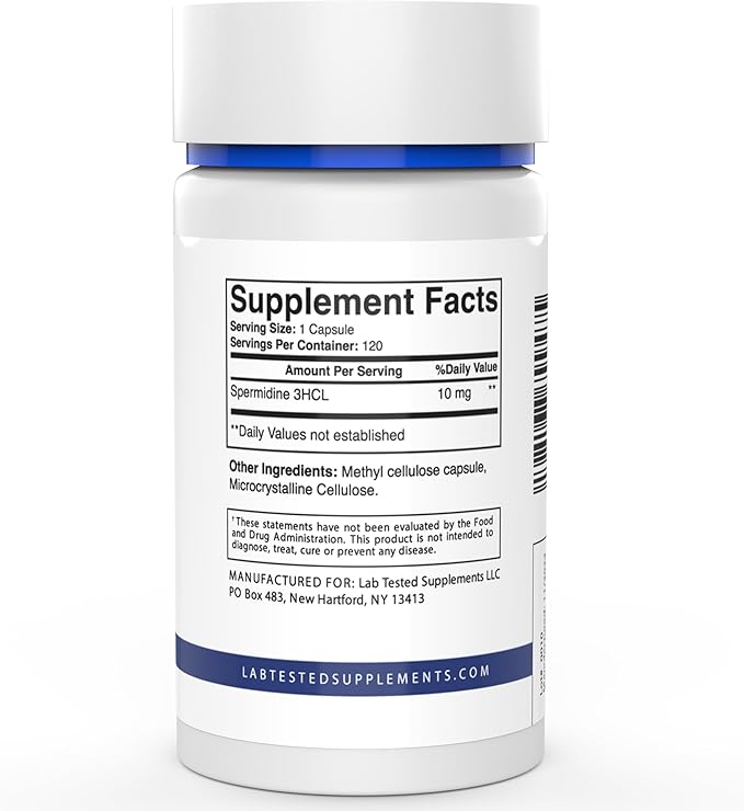 Spermidine 3HCL Supplement - 120 10mg Capsules - 3rd Party COA's provided with Every lot# - Spermidine Trihydrochloride