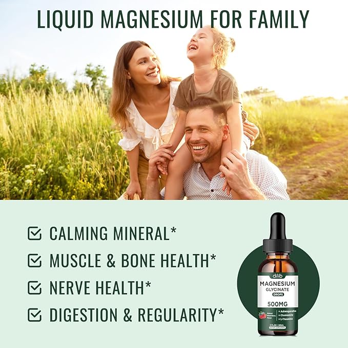 Magnesium Glycinate Liquid Drops Supplement, with Magnesium Glycinate 500mg Ashwagandha, L - Theanine, Chamomile -Support Stress Relief, Bone, Muscle, Mood Mixed Berry Flavor