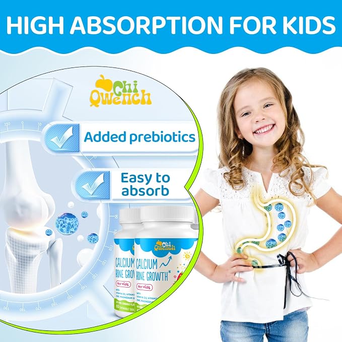 ChiQwench 500 MG Calcium Supplement with Vitamin D3 & K2, Zinc, Magnesium & Prebiotics. Kids Vitamins for Kids' Height. Bone Strength, High Absorption, Orange Chewables, Non-GMO, Gluten Free, 60 Tabs