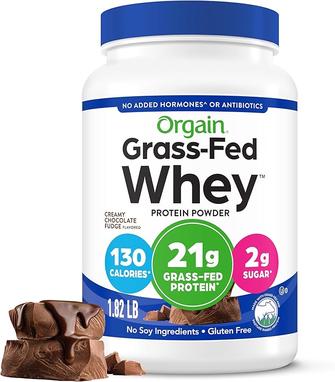Orgain Whey Protein Powder, Creamy Chocolate Fudge - 21g Grass Fed Dairy Protein, 5g BCAAs, 4g Prebiotic Fiber, 2g Sugar, No Added Hormones, Gluten Free, Kosher, For Shakes & Smoothies - 1.82lb