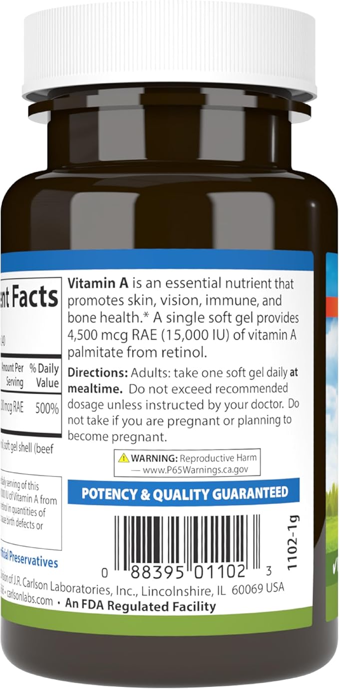 Carlson - Vitamin A, 15000 IU Palmitate (4500 mcg RAE), Vision Health & Healthy Skin, Immune Function, 240 Softgels