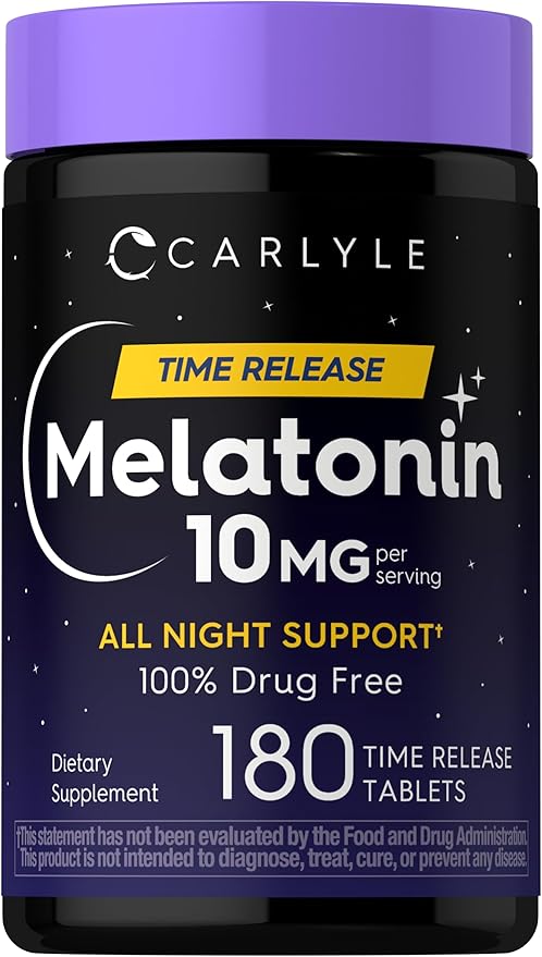 Carlyle Melatonin 10mg | 180 Time Release Tablets | All Night Support | with Vitamin B6 | 100% Drug Free Supplement | Vegan, Non-GMO, Gluten Free