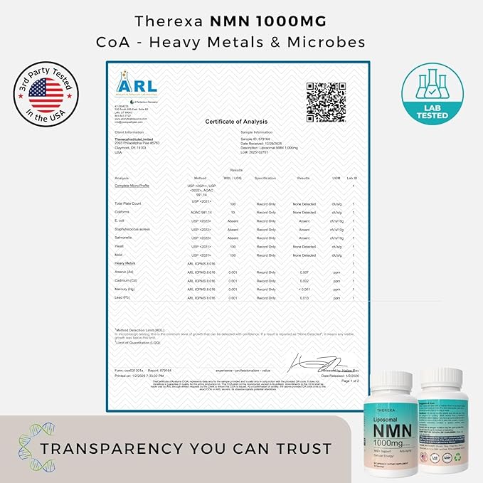 NMN Supplement 1000mg Pure - Liposomal NMN for NAD+ Supplement, Tested in USA, 60 Capsules