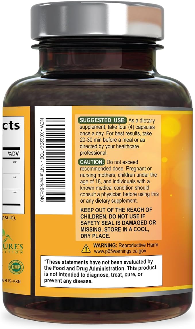 Turmeric Curcumin Supplement - 2400mg Organic Turmeric Per Serving - 95% Curcuminoids & BioPerine Black Pepper Extract for Best Absorption - Natural Vegan Joint Support, Bottled in USA - 240 Capsules
