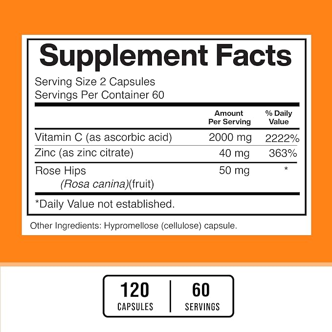 American Standard Supplements Vitamin C 2000mg, Zinc 40mg, and Rose HIPS 50mg Per Serving – Vegan, Gluten Free, Non-GMO (120 Count) (Pack of 2)