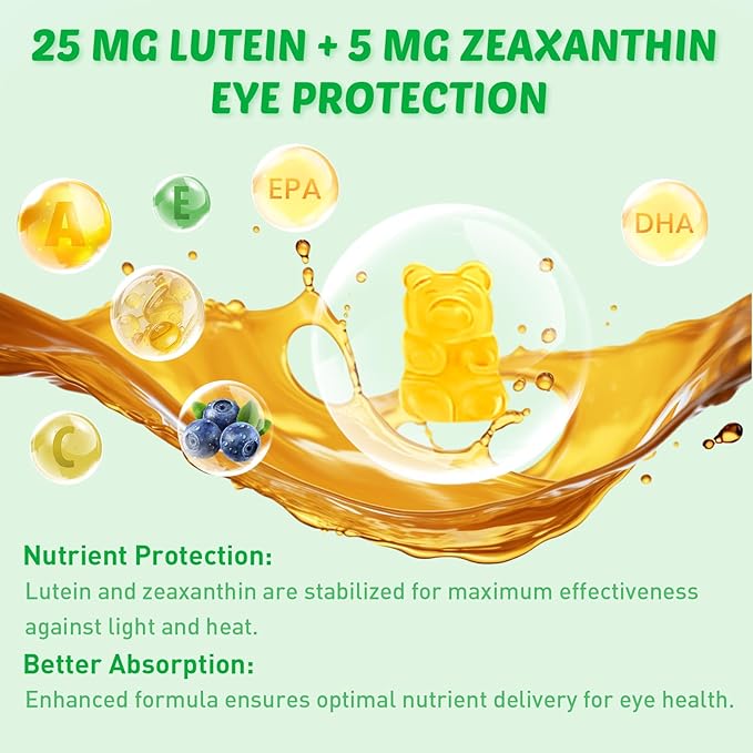 Lutein and Zeaxanthin Supplements Gummies with Astaxanthin & Bilberry Extract - Eye Vitamins with Omega-3, Vitamins A, C, E, D3 & Zinc for Vision Health - Sugar Free, Mango Flavor, 60 Count