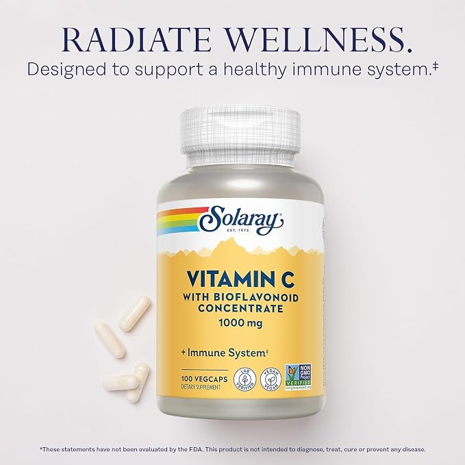 SOLARAY Vitamin C with Bioflavonoid Concentrate - Rose Hips, Acerola Cherry and Bioflavonoids - Vitamin C 1000mg - Immune Function, Skin, Hair, Nails Support - Vegan - 100 Servings, 100 VegCaps