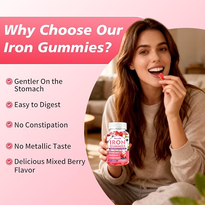 Iron Gummies for Women, Men & Kids, Vegan Iron Supplement with Vitamin C, B12, Folate for Energy Support & Immune Health, Sugar Free, 60 Gummies (Pack of 2)