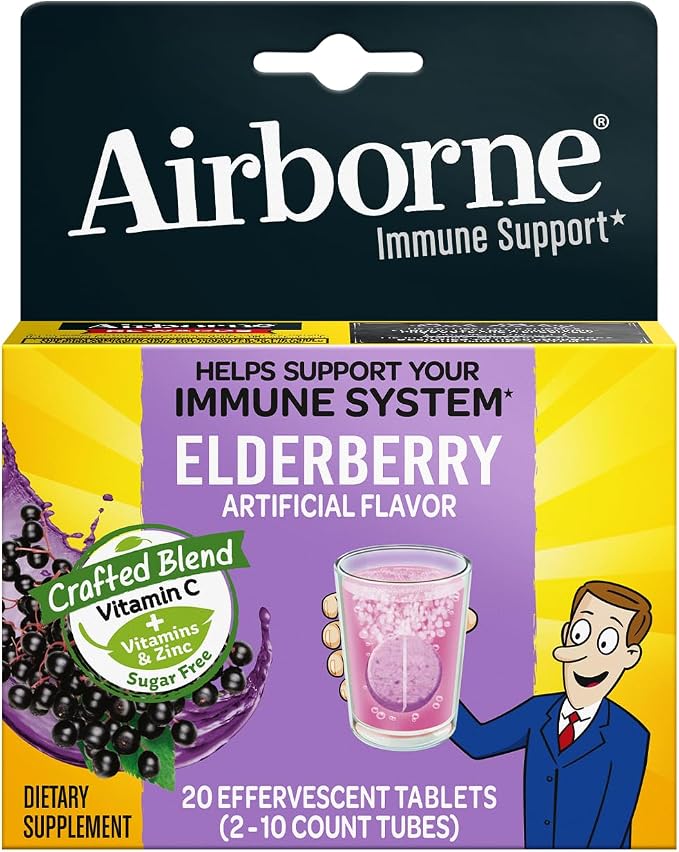 Airborne Elderberry + Zinc & Vitamin C Effervescent Tablets, Immune Support Supplement with Powerful Antioxidant Vitamins A C E, 20 Fizzy Drink Tablets, Elderberry Flavor