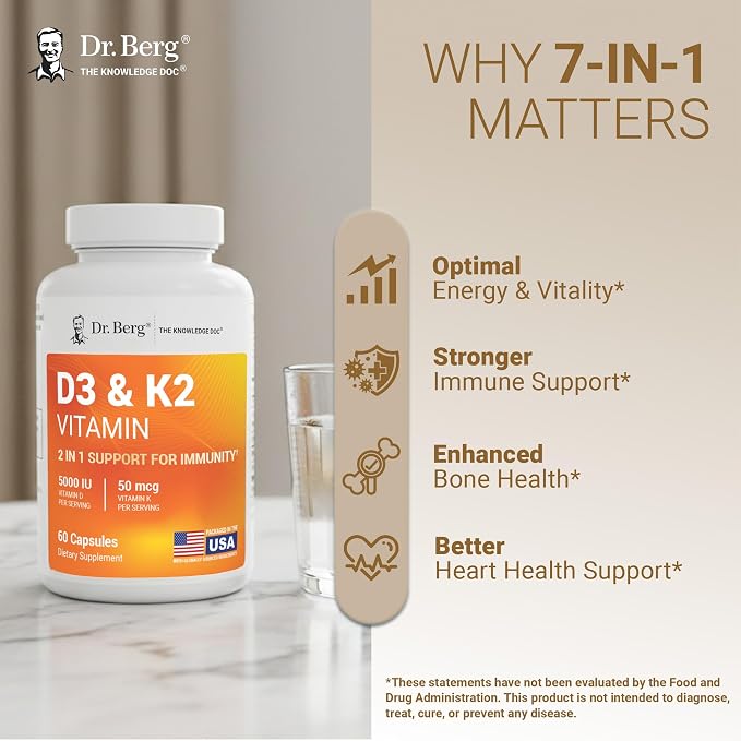 Dr. Berg Maximum Strength 2-in-1 Vitamin D3 K2 5,000 IU | Naturally Derived D3 | 4X Lab-Tested & Verified | High Absorption Formula | K2 D3 Vitamin Supplement - 60 Capsules