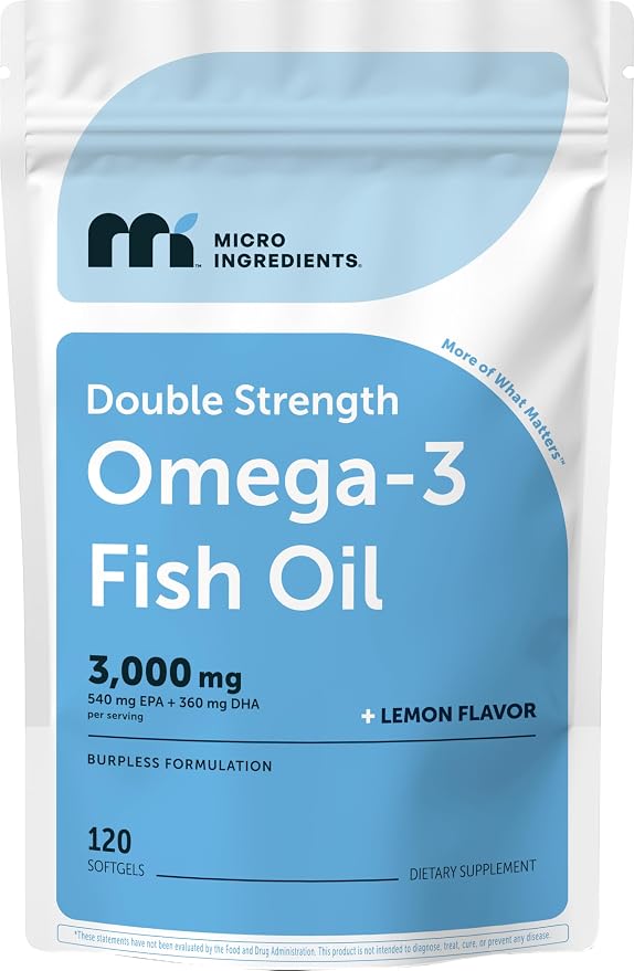 Micro Ingredients Omega 3 Fish Oil Supplements 3,000mg Per Serving, 120 Softgels | Lemon Flavored – Burpless | EPA 540mg + DHA 360mg | Deep Sea Fish