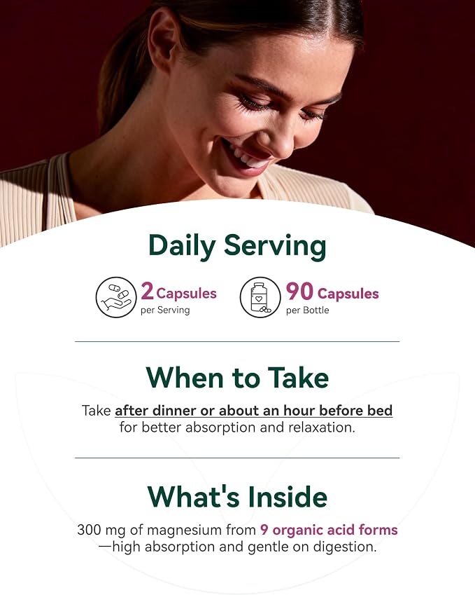9-in-1 Magnesium Complex, 300mg Magnesium from 9 Organic Forms, Glycinate, Citrate, Malate, High Absorption for Sleep & Relaxation, Energy & Muscle Support, 90 Capsules