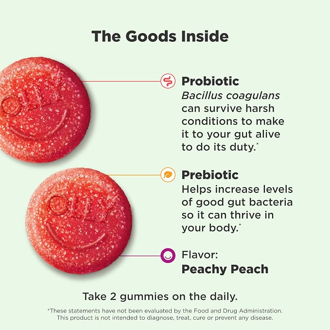 OLLY Probiotic + Prebiotic Gummy,Digestive Support and Gut Health,500 Million CFUs,Fiber,Adult Chewable Supplement for Men and Women,Peach,60 Day Supply -,60 Count (Pack of 2)