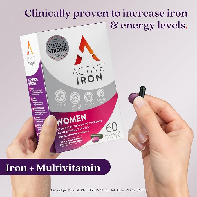 Active Iron Supplement 25mg + Multivitamin for Women, Clinically Proven to Increase Iron & Energy Levels, Maximum Absorption, Gentle, Non-Constipating, 30 Capsules + 30 Tablets in On-the-Go Foil Packs