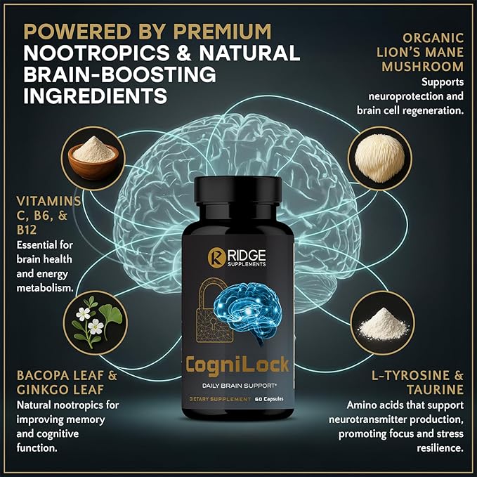 CogniLock Nootropic Brain Supplements for Memory and Focus - Cognitive Supplement for Men, Women & Seniors - Brain Fog Vitamins w/Lion’s Mane, Alpha GPC, Citicoline, CognatiQ™ Coffee Fruit - 60 Pills